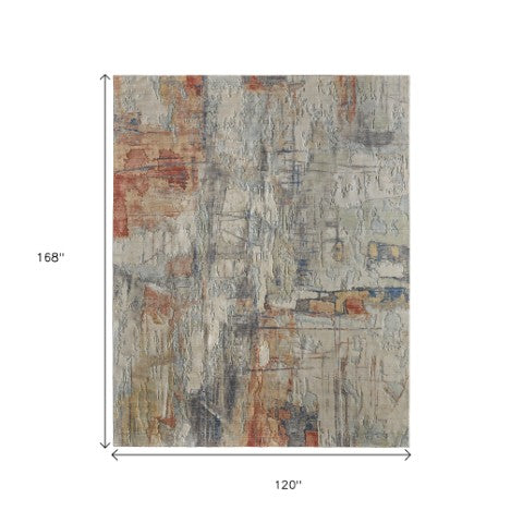 Homeroots 10' X 14' Abstract Distressed Area Rug - Stain Resistant, Premium Wool Blend For Stylish Comfort Gray,Orange,Ivory Wool Blend 616922