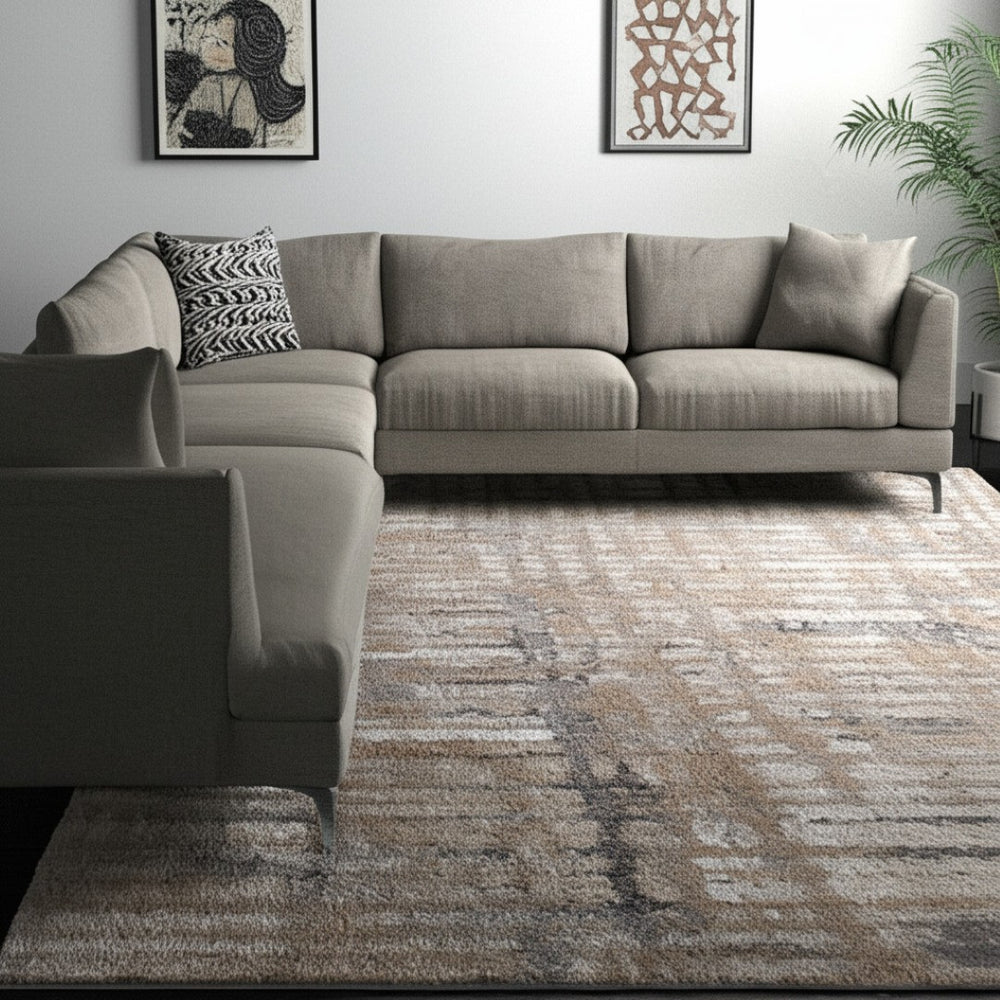HomeRoots 10' Stylish Abstract Distressed Area Rug in Brown, Tan & Ivory – Perfect for Modern Homes & Durability 10' X 13' 616941