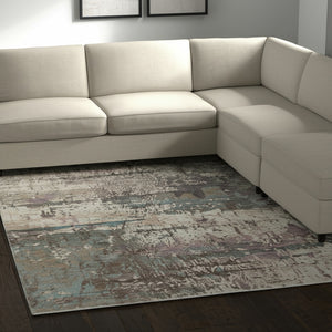 Homeroots 10' X 13' Abstract Distressed Area Rug - Durable, Stain Resistant, Perfect For Homes With Kids & Pets Ivory,Blue,Purple Polypropylene Blend 616949