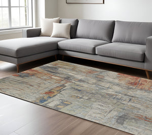 Homeroots 10' X 14' Abstract Distressed Area Rug - Stain Resistant, Premium Wool Blend For Stylish Comfort Gray,Orange,Ivory Wool Blend 616963
