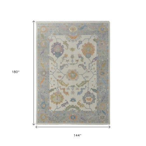 Homeroots 12' X 15' Elegant Ivory, Orange & Blue Floral Hand Knotted Area Rug With Fringe - Stain Resistant Design Ivory,Orange,Blue Wool Blend 616971
