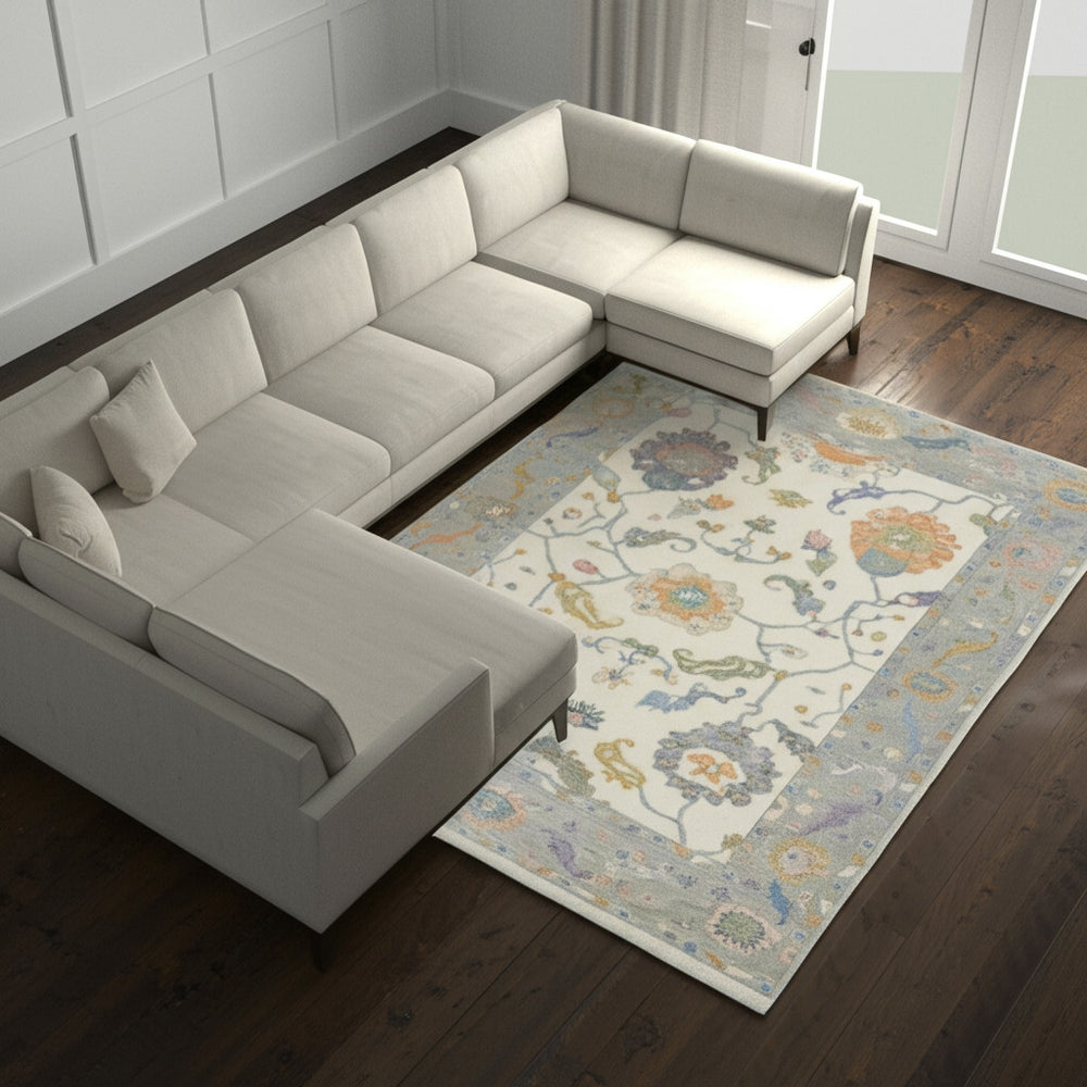 Homeroots 12' X 15' Elegant Ivory, Orange & Blue Floral Hand Knotted Area Rug With Fringe - Stain Resistant Design Ivory,Orange,Blue Wool Blend 616971