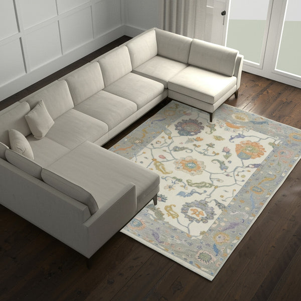 Homeroots 12' X 15' Elegant Ivory, Orange & Blue Floral Hand Knotted Area Rug With Fringe - Stain Resistant Design Ivory,Orange,Blue Wool Blend 616971