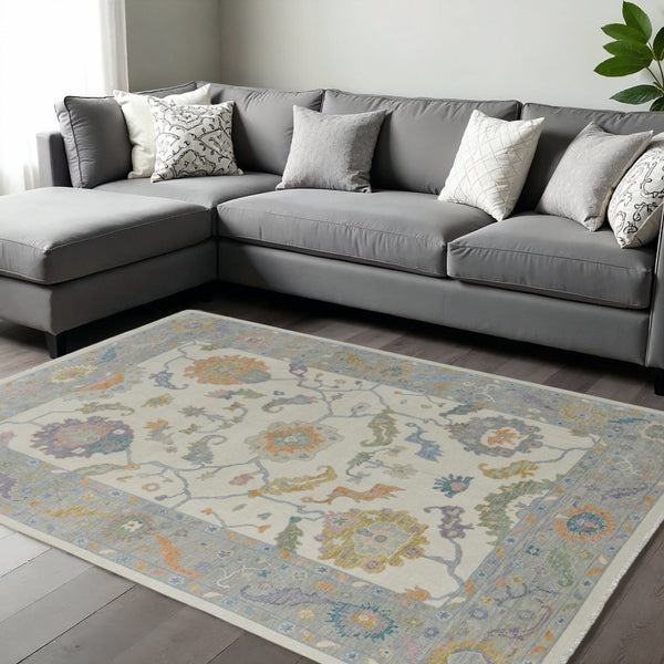HomeRoots 12' X 15' Hand-Knotted Floral Area Rug in Gray, Ivory & Orange with Fringe for Stylish Living Spaces 616971