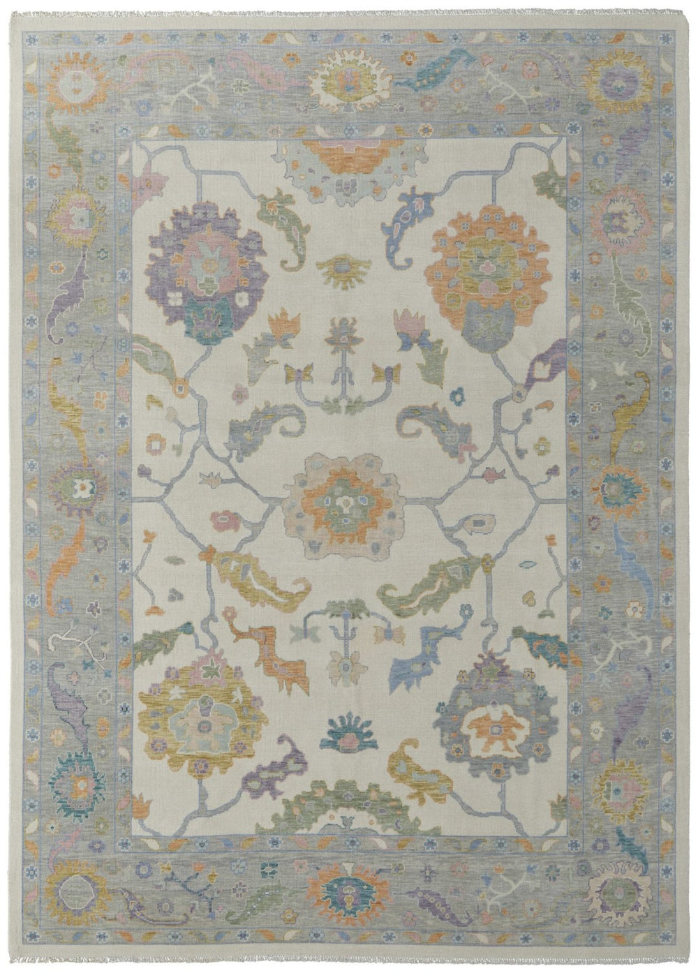 HomeRoots 12' X 15' Hand-Knotted Floral Area Rug in Gray, Ivory & Orange with Fringe for Stylish Living Spaces 616971