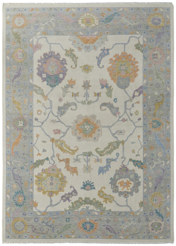 HomeRoots 12' X 15' Hand-Knotted Floral Area Rug in Gray, Ivory & Orange with Fringe for Stylish Living Spaces 616971