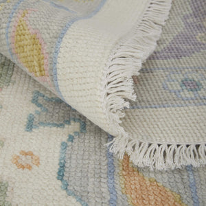 Homeroots 12' X 15' Elegant Ivory, Orange & Blue Floral Hand Knotted Area Rug With Fringe - Stain Resistant Design Ivory,Orange,Blue Wool Blend 616971