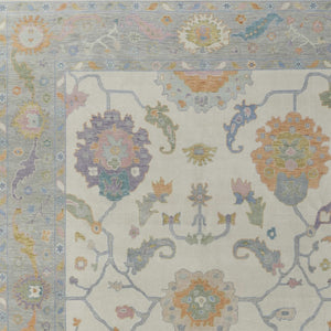 Homeroots 12' X 15' Elegant Ivory, Orange & Blue Floral Hand Knotted Area Rug With Fringe - Stain Resistant Design Ivory,Orange,Blue Wool Blend 616971