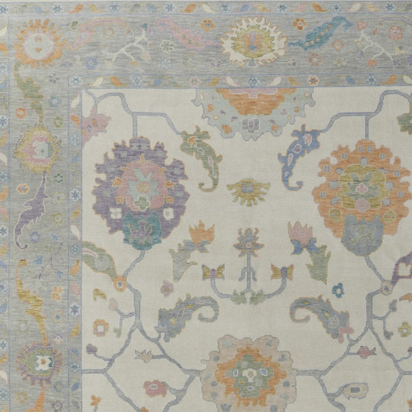 Homeroots 12' X 15' Elegant Ivory, Orange & Blue Floral Hand Knotted Area Rug With Fringe - Stain Resistant Design Ivory,Orange,Blue Wool Blend 616971