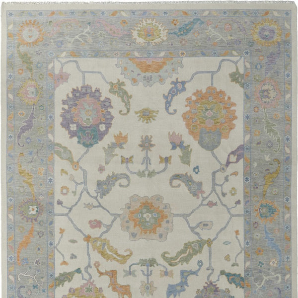 Homeroots 12' X 15' Elegant Ivory, Orange & Blue Floral Hand Knotted Area Rug With Fringe - Stain Resistant Design Ivory,Orange,Blue Wool Blend 616971