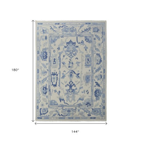 Homeroots 12' Hand Knotted Floral Area Rug With Fringe - Stain Resistant, Artisan Crafted, Timeless Appeal Ivory,Blue Wool Blend 616973