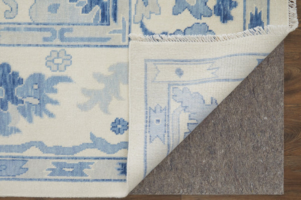 Homeroots 12' Hand Knotted Floral Area Rug With Fringe - Stain Resistant, Artisan Crafted, Timeless Appeal Ivory,Blue Wool Blend 616973