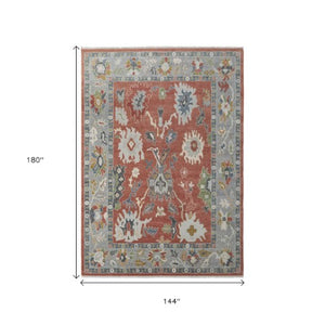Homeroots 12' Hand Knotted Floral Area Rug In Red, Gray & Ivory With Fringe - Stain Resistant, Unique Design Red,Gray,Ivory Wool Blend 616976