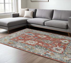 Homeroots 12' Hand Knotted Floral Area Rug In Red, Gray & Ivory With Fringe - Stain Resistant, Unique Design Red,Gray,Ivory Wool Blend 616976