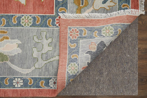 Homeroots 12' Hand Knotted Floral Area Rug In Red, Gray & Ivory With Fringe - Stain Resistant, Unique Design Red,Gray,Ivory Wool Blend 616976