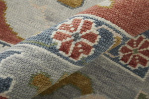 Homeroots 12' Hand Knotted Floral Area Rug In Red, Gray & Ivory With Fringe - Stain Resistant, Unique Design Red,Gray,Ivory Wool Blend 616976