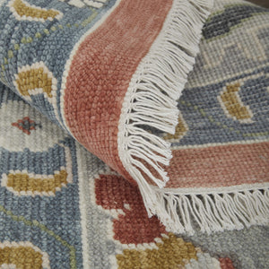 Homeroots 12' Hand Knotted Floral Area Rug In Red, Gray & Ivory With Fringe - Stain Resistant, Unique Design Red,Gray,Ivory Wool Blend 616976