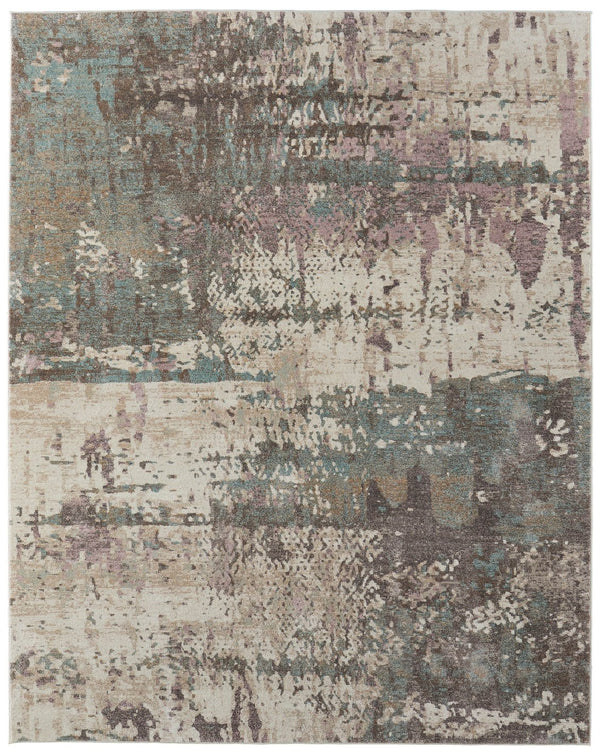 Homeroots 10' X 13' Abstract Distressed Area Rug - Durable, Stain Resistant, Perfect For Homes With Kids & Pets Ivory,Blue,Purple Polypropylene Blend 616977
