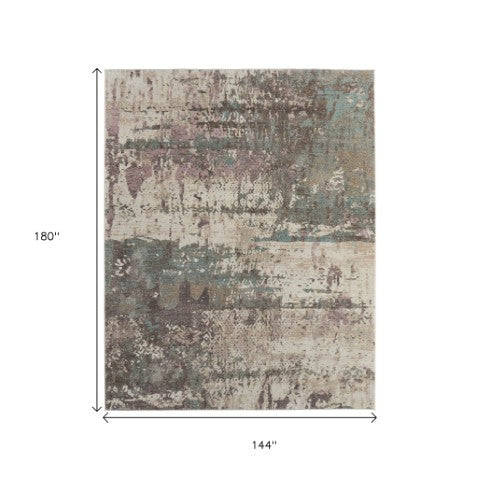 Homeroots 10' X 13' Abstract Distressed Area Rug - Durable, Stain Resistant, Perfect For Homes With Kids & Pets Ivory,Blue,Purple Polypropylene Blend 616977