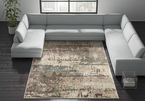 Homeroots 10' X 13' Abstract Distressed Area Rug - Durable, Stain Resistant, Perfect For Homes With Kids & Pets Ivory,Blue,Purple Polypropylene Blend 616977