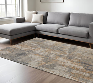 Homeroots 10' X 14' Abstract Distressed Area Rug - Stain Resistant, Premium Wool Blend For Stylish Comfort Gray,Tan,Ivory Wool Blend 616979