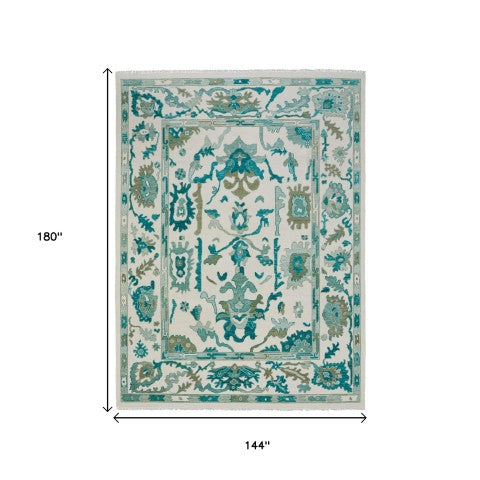 Homeroots 12' Hand Knotted Floral Area Rug With Fringe - Stain Resistant, Artisan Crafted, Timeless Appeal Green,Ivory Wool Blend 616982