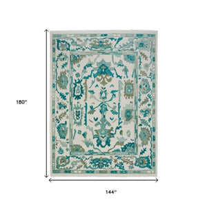 Homeroots 12' Hand Knotted Floral Area Rug With Fringe - Stain Resistant, Artisan Crafted, Timeless Appeal Green,Ivory Wool Blend 616982