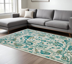 Homeroots 12' Hand Knotted Floral Area Rug With Fringe - Stain Resistant, Artisan Crafted, Timeless Appeal Green,Ivory Wool Blend 616982