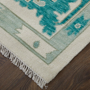 Homeroots 12' Hand Knotted Floral Area Rug With Fringe - Stain Resistant, Artisan Crafted, Timeless Appeal Green,Ivory Wool Blend 616982