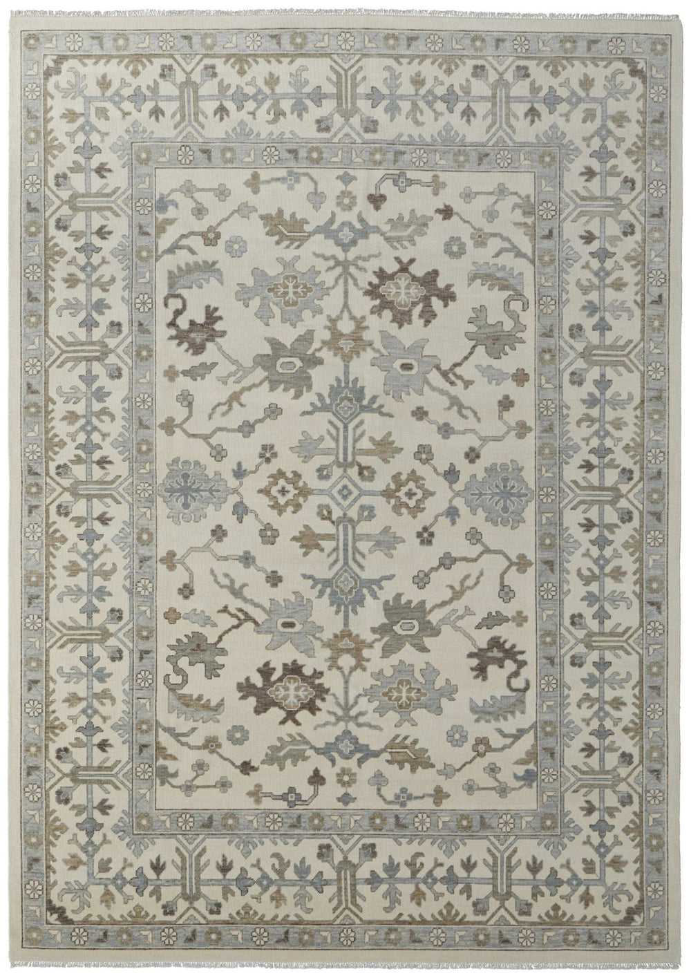 HomeRoots 12' Hand-Knotted Floral Area Rug in Ivory, Gray & Brown - Durable, Stain-Resistant with Fringed Edges 616986