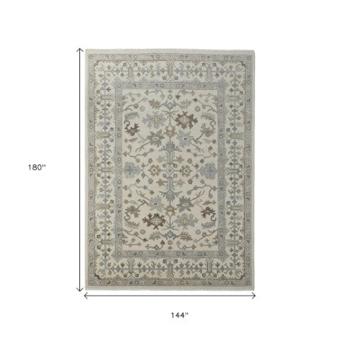 Homeroots 12' X 15' Hand Knotted Floral Area Rug In Ivory Gray And Brown - Stain Resistant, Stylish Fringe Ivory,Gray,Brown Wool Blend 616986