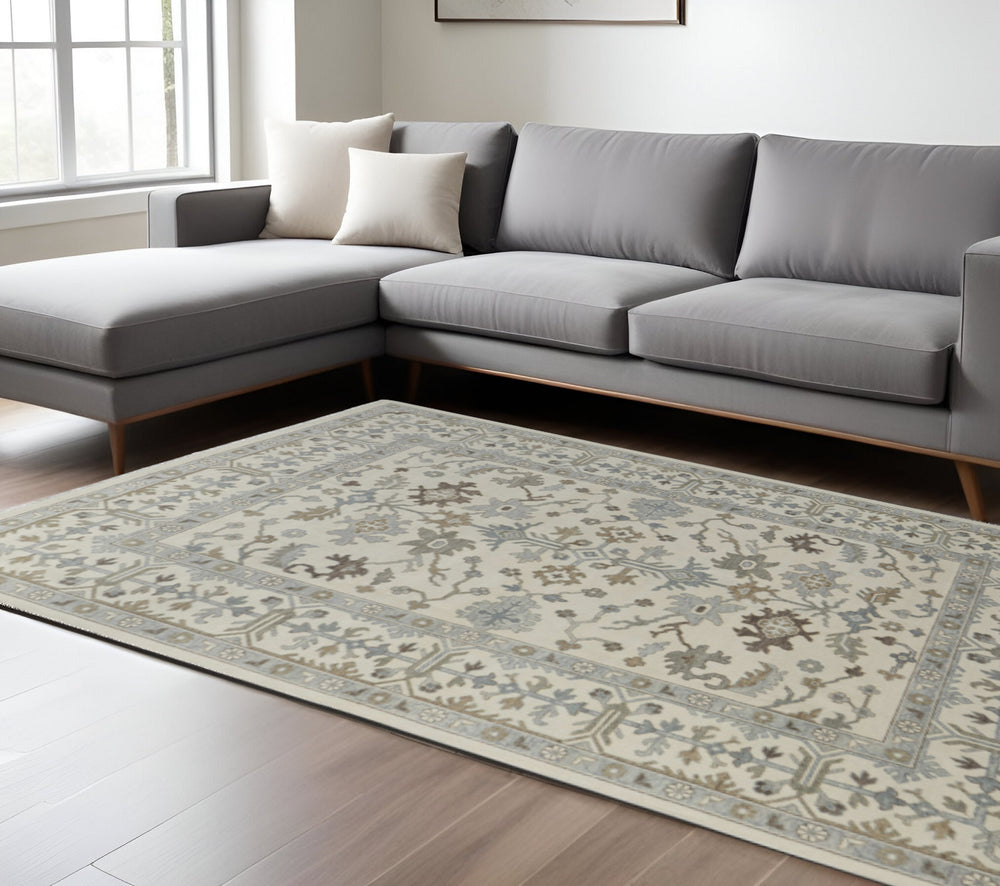 Homeroots 12' X 15' Hand Knotted Floral Area Rug In Ivory Gray And Brown - Stain Resistant, Stylish Fringe Ivory,Gray,Brown Wool Blend 616986