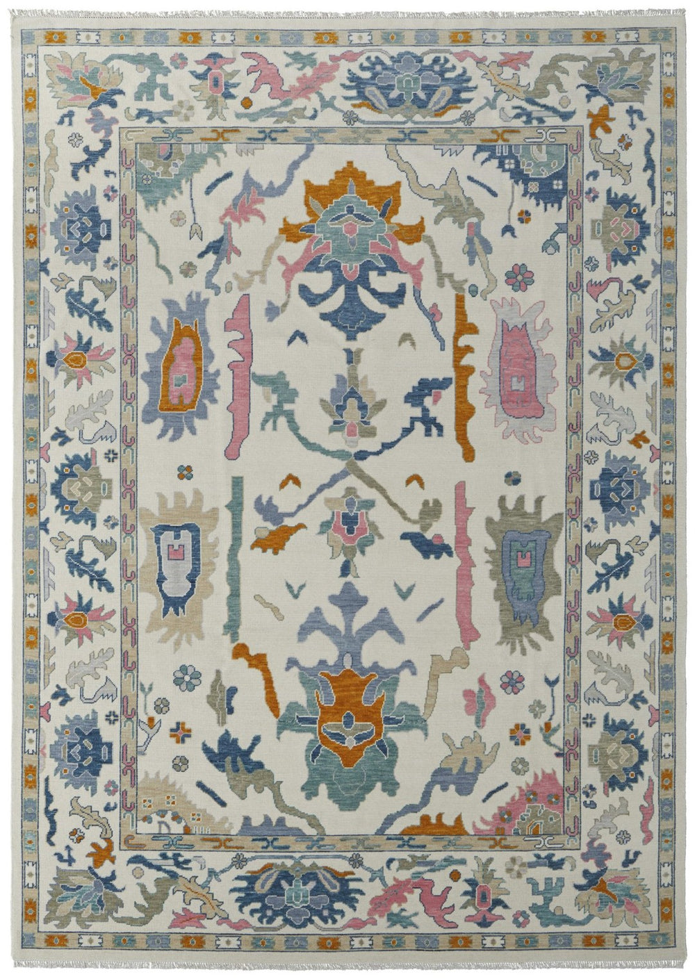 HomeRoots 12' Hand-Knotted Floral Area Rug in Ivory, Blue & Pink - Bohemian Design with Fringed Edges! 616988