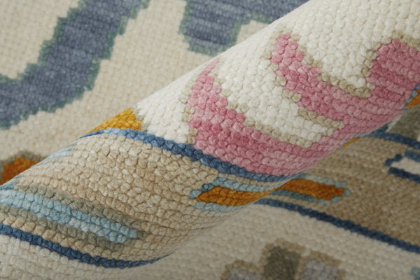 Homeroots 12' Hand Knotted Area Rug In Ivory Blue & Pink Floral Design - Stain Resistant, Bohemian Chic Decor Ivory,Blue,Pink Wool Blend 616988