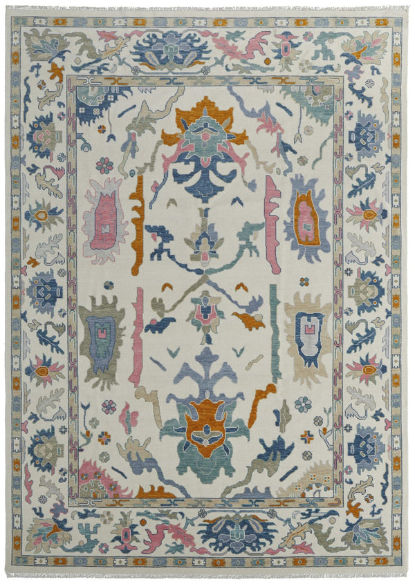Homeroots 12' Hand Knotted Area Rug In Ivory Blue & Pink Floral Design - Stain Resistant, Bohemian Chic Decor Ivory,Blue,Pink Wool Blend 616988
