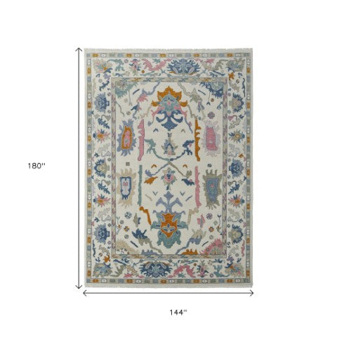 Homeroots 12' Hand Knotted Area Rug In Ivory Blue & Pink Floral Design - Stain Resistant, Bohemian Chic Decor Ivory,Blue,Pink Wool Blend 616988