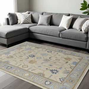 HomeRoots 12' X 15' Hand-Knotted Gray, Ivory & Blue Floral Area Rug with Fringe - Durable, Elegant & Cozy Decor 616994