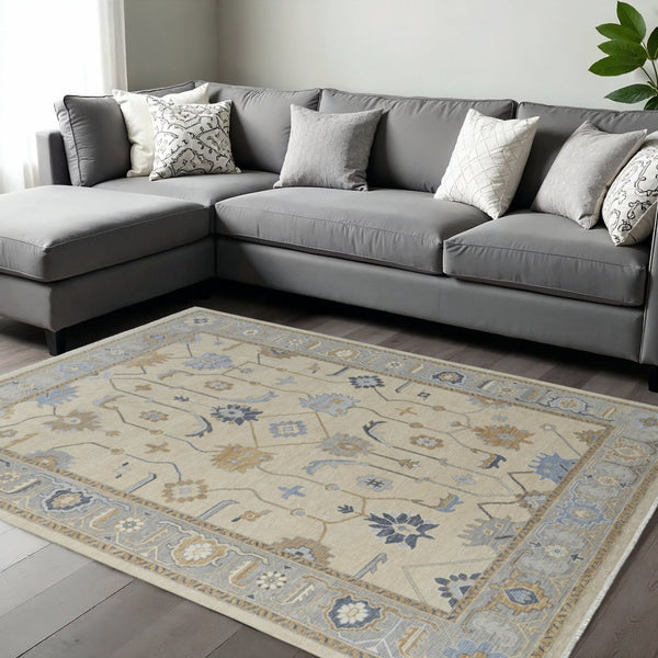 HomeRoots 12' X 15' Hand-Knotted Gray, Ivory & Blue Floral Area Rug with Fringe - Durable, Elegant & Cozy Decor 616994