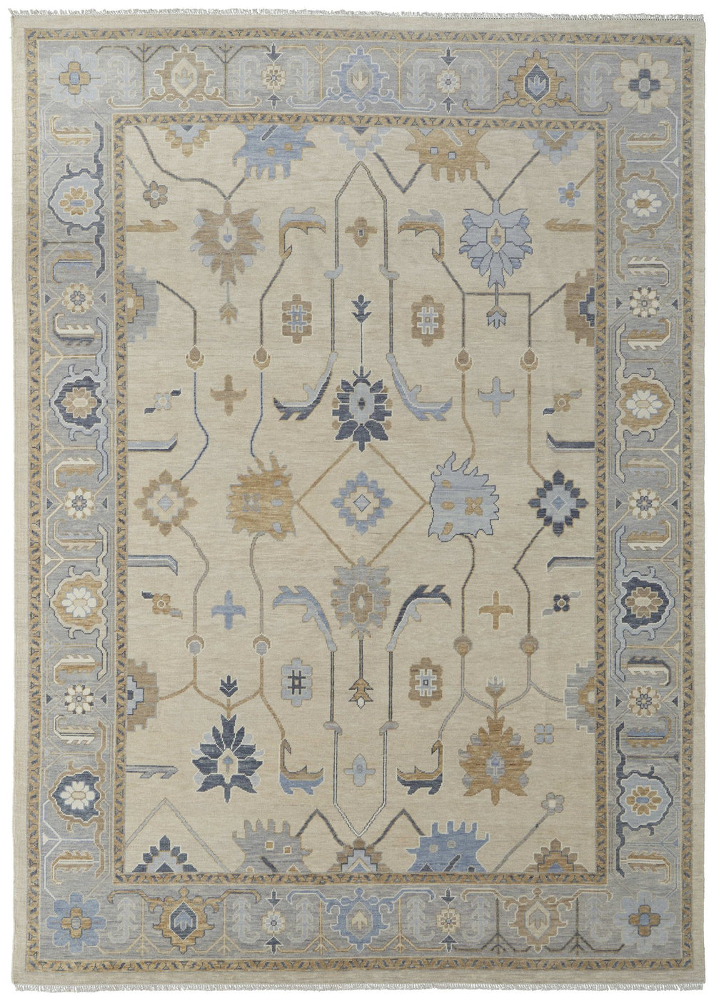 Homeroots 12' Hand Knotted Ivory Blue & Tan Floral Area Rug With Fringe – Stain Resistant, Bohemian Charm Ivory,Blue,Tan Wool Blend 616994