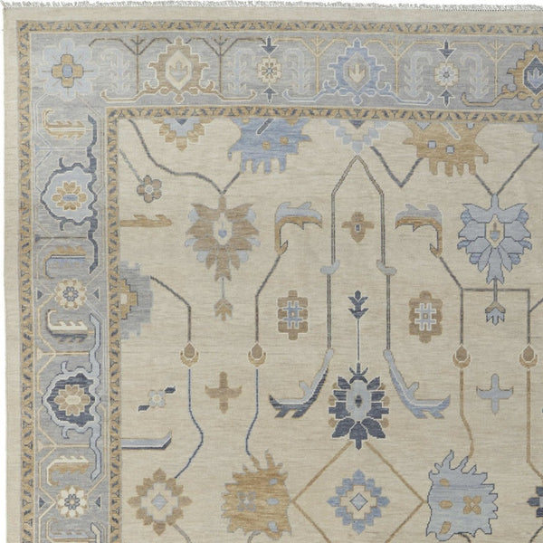 Homeroots 12' Hand Knotted Ivory Blue & Tan Floral Area Rug With Fringe – Stain Resistant, Bohemian Charm Ivory,Blue,Tan Wool Blend 616994