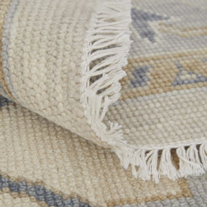 Homeroots 12' Hand Knotted Ivory Blue & Tan Floral Area Rug With Fringe – Stain Resistant, Bohemian Charm Ivory,Blue,Tan Wool Blend 616994