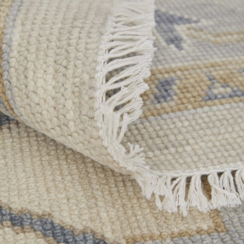 Homeroots 12' Hand Knotted Ivory Blue & Tan Floral Area Rug With Fringe – Stain Resistant, Bohemian Charm Ivory,Blue,Tan Wool Blend 616994