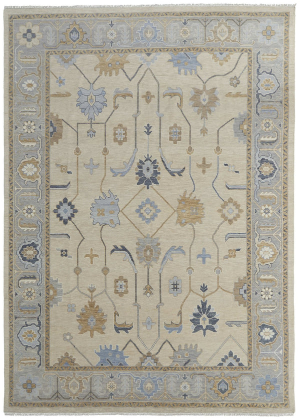 Homeroots 12' Hand Knotted Ivory Blue & Tan Floral Area Rug With Fringe – Stain Resistant, Bohemian Charm Ivory,Blue,Tan Wool Blend 616994
