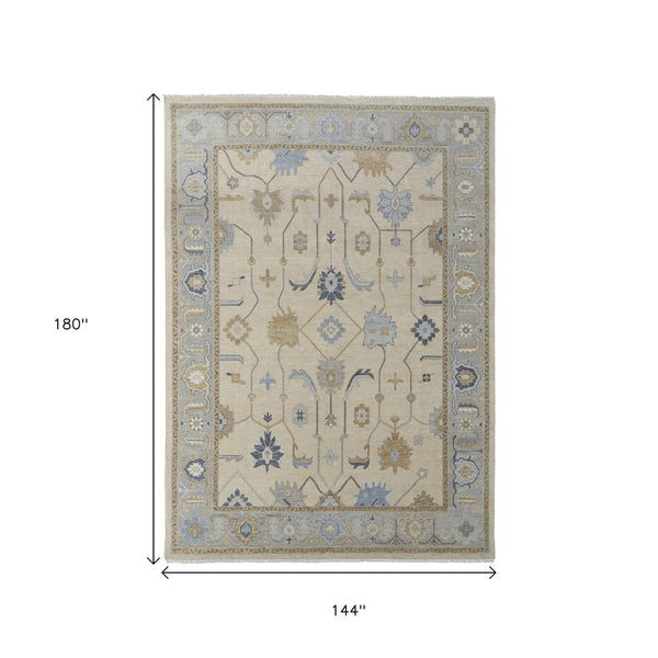 Homeroots 12' Hand Knotted Ivory Blue & Tan Floral Area Rug With Fringe – Stain Resistant, Bohemian Charm Ivory,Blue,Tan Wool Blend 616994