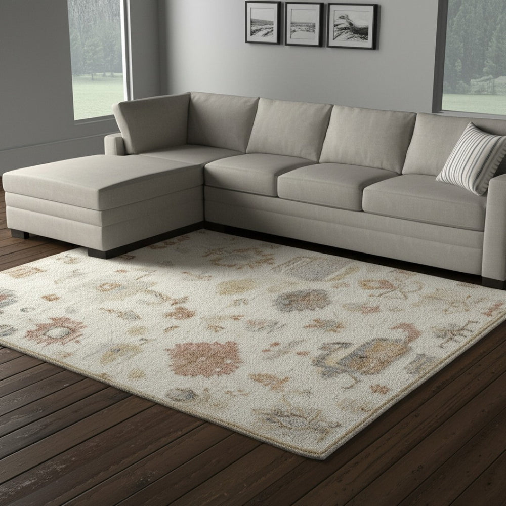 HomeRoots 12' Hand-Knotted Wool Floral Area Rug in Ivory, Tan & Gray - Artisan Crafted for Timeless Elegance 12' X 15' 616996