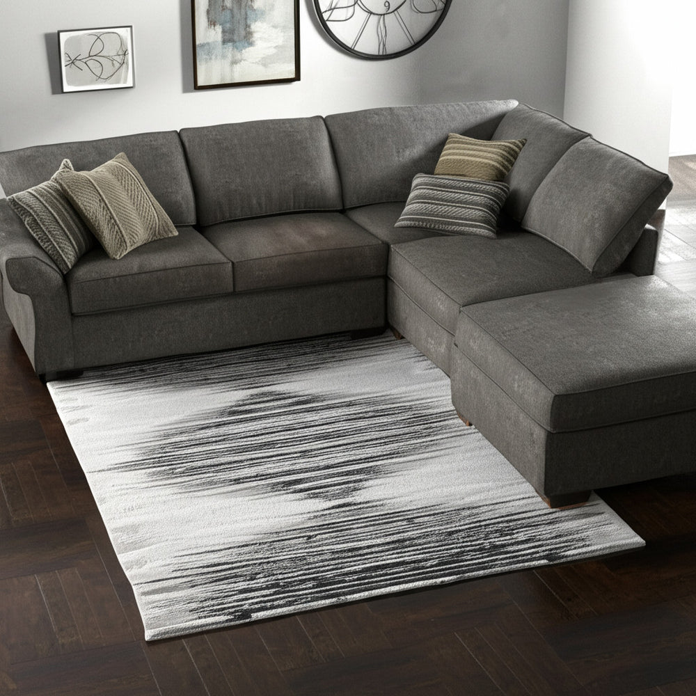 Homeroots 12' Geometric Area Rug In Black, Silver & Taupe – Stain Resistant, Stylish, Large Scandinavian Design Black,Silver,Taupe Polyester Blend 616997