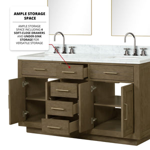 English Elm Grey Oak Double Bath Vanity Set With Carrara Marble Top, Chrome Faucets & 28" Mirrors For Easy Upgrade B2731S01796