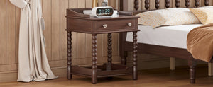 English Elm Retro Bedside Nightstand with Turned Rubberwood Legs Open Shelf and Drawer Storage Walnut N733P206240D