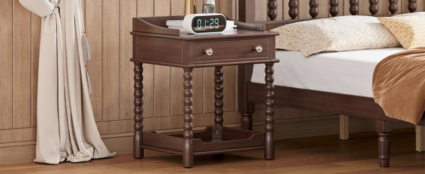 English Elm Retro Bedside Nightstand with Turned Rubberwood Legs Open Shelf and Drawer Storage Walnut N733P206240D