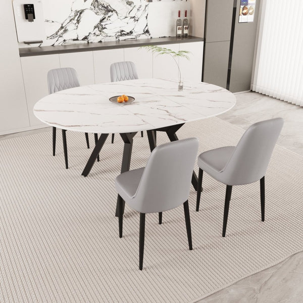 English Elm 47-63" Extendable Round Dining Set with Pu Chairs White Mdf Top Black Metal Legs W3732S00021